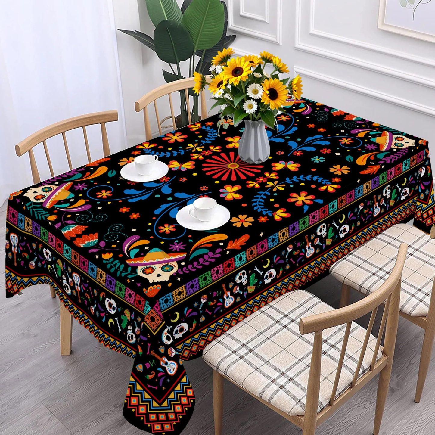 Unibyby Mexican Tablecloth Rectangle 60 x 120 Inch, Cinco De Mayo Flower Skull Table Cloth Fiesta Indoor Decorations for Dining Room Party