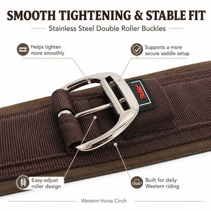 BARN & STABLE Western Horse Cinch with Stainless Steel Double Roller Buckles, Anti-Slip Terry Lining, Comfortable Western Saddle Girth for Stable Saddle Fit, Trail Riding and Ranch Work