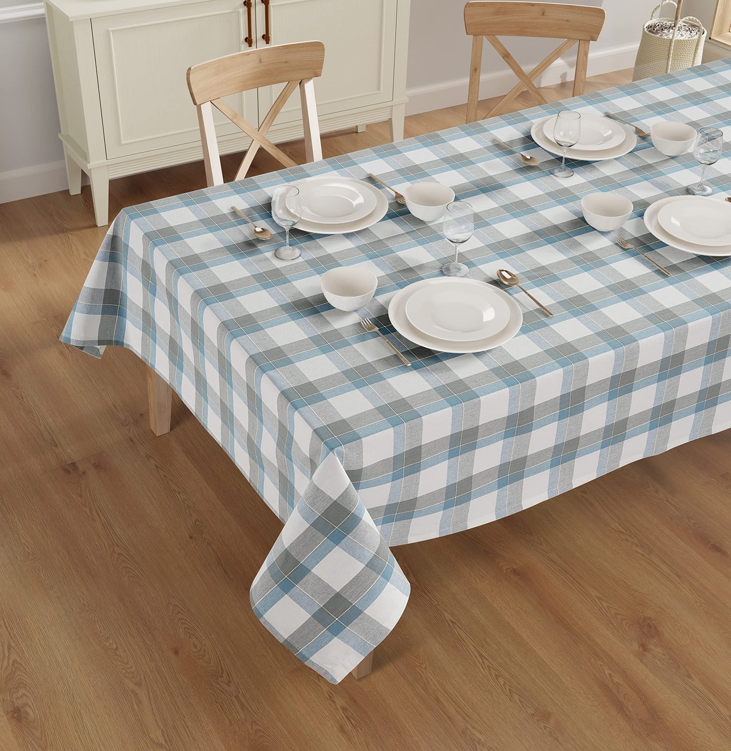 Casa De Lan Rectangle Table Cloth - Table Cover - Cotton Mitered Stitched - Checks Table Covers for Kitchen Dining, Wedding, Decorations, & Parties - 60x104 in - Blue Tartan