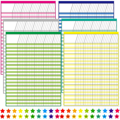 Youngever 6 Pack Multi-Color Laminated Dry Erase Incentive Chart with 120 Reward Star Stickers for Chore Responsibility, School Attendance, Homework Progress Tracking Chart (17 Inch x 22 Inch)