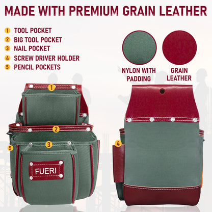 FUERI Carpenter Tool Belt made with Nylon & Grain Leather comes with Adjust to fit Padded Belt, Pouches with multiple pockets, Suspender loops, and a Hammer Holder (Best Gift for your father)