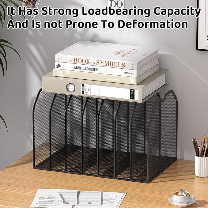 FANXIYQ Black 7-Section File Folder Organizer for Desk – Metal Vertical File Holder, Desktop File Organizer Vertical Stand, Letter/A4 Folder Rack, Upright File Sorter, Office Paper Organizer
