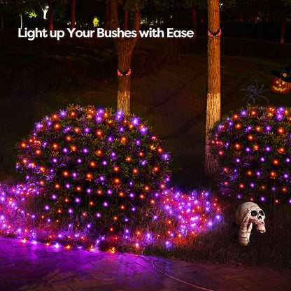 WBao Solar Halloween Lights Outdoor 200LED F8 Big Bulbs, 8.4ft x 5.2ft Orange Purple Net Lights with Remote, 8 Modes, Timer, Connectable, Waterproof & Dark Green Wire for Lawn, Bushes Halloween Decor
