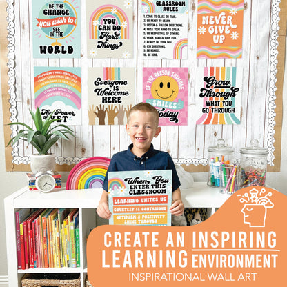 Hadley Designs Motivational Poster for Classroom Decor - 9 Growth Mindset Classroom Posters Elementary, Inspirational Wall Decor Middle School, Teacher Must Haves, Retro Bulletin Board Decorations