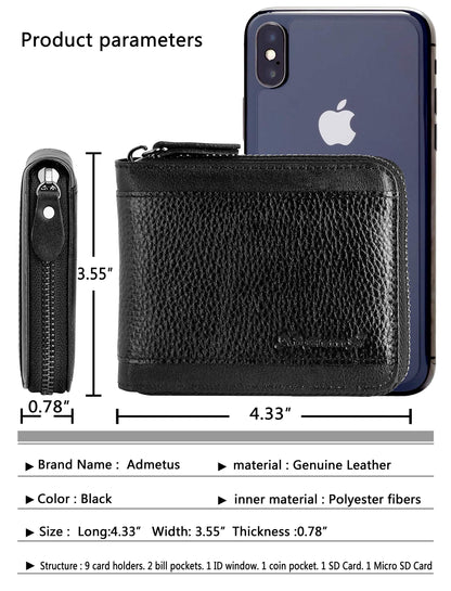 RFID Wallet for Men Leather Zip Wallet Bifold Card Holder Purse with Zipper Coin Pocket(Black-21)