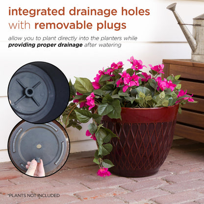Alpine Corporation Indoor Outdoor Stone Look Diamond Design Planters with Drainage Holes, 12" H, Red, Set of 2