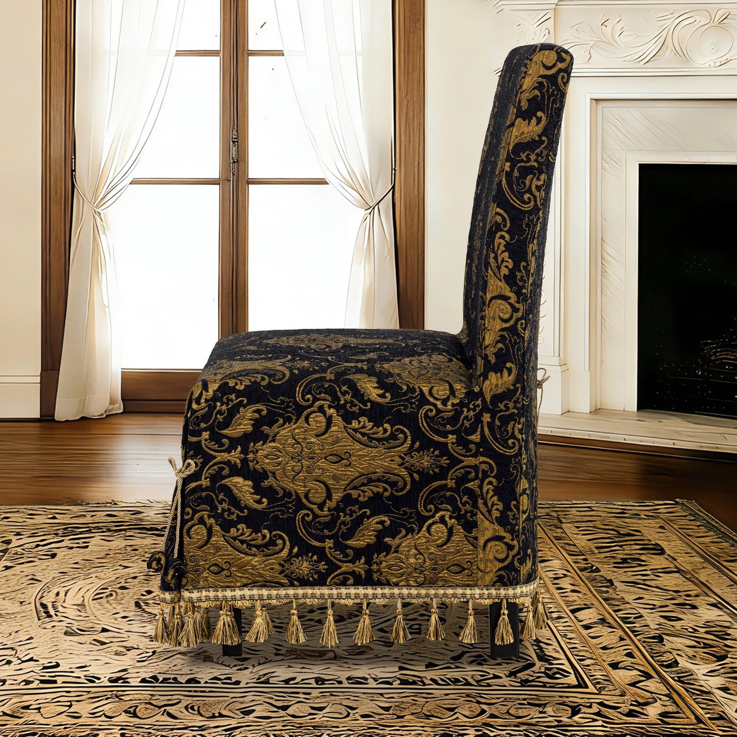 Loom and Mill 1 Piece Luxury Dining Chair Cover, Classic Damask Jacquard Dining Room Parsons Chair Covers with Tassels & Ties, Non Slip Full Cover Protector for Halloween Holiday Party Decor(Black)