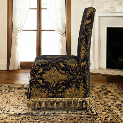 Loom and Mill 1 Piece Luxury Dining Chair Cover, Classic Damask Jacquard Dining Room Parsons Chair Covers with Tassels & Ties, Non Slip Full Cover Protector for Halloween Holiday Party Decor(Black)