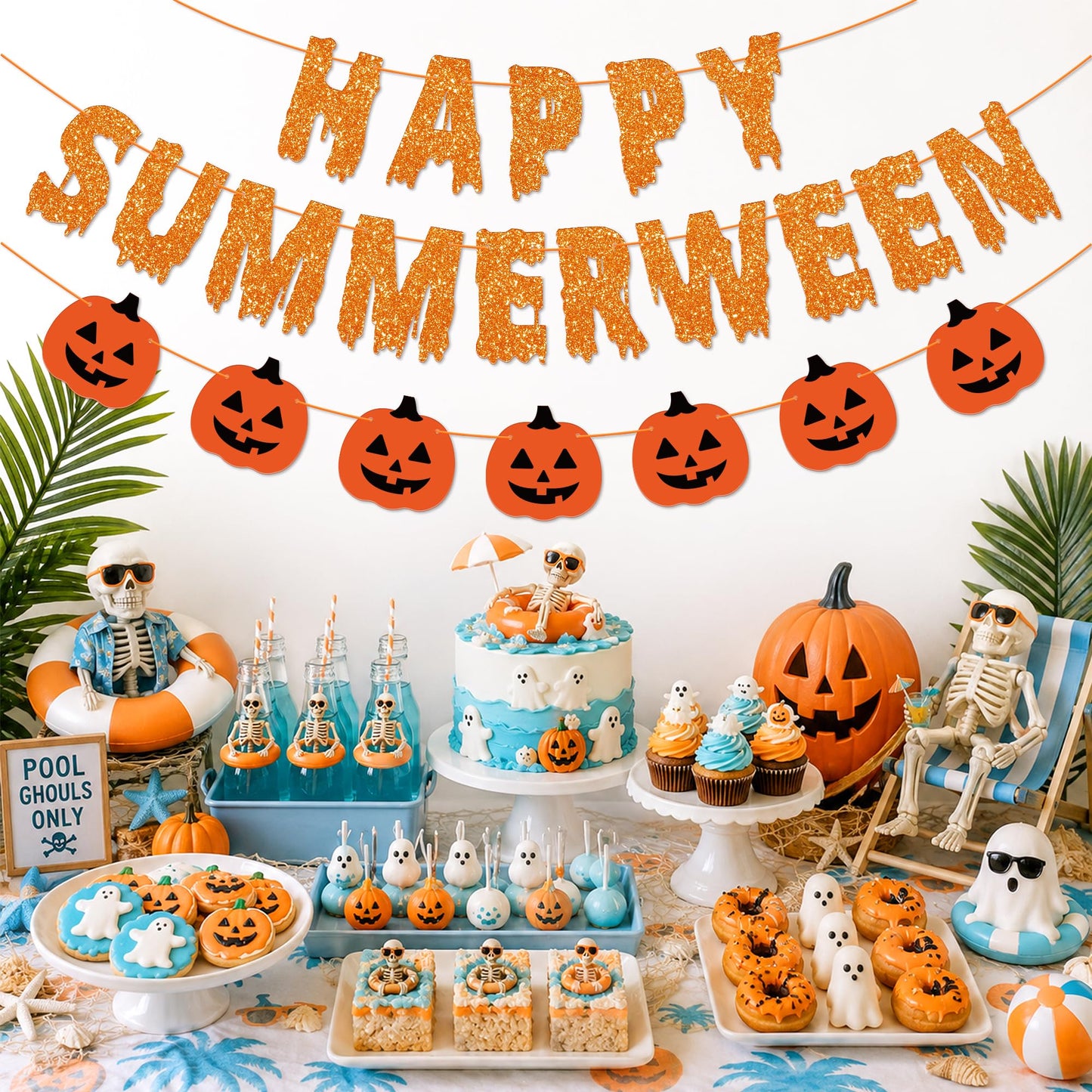 Happy Summerween Banner, Pre-Strung Summerween Party Decorations Glitter Summer Ween Hanging Banner Pumpkins Garland Halloween in Summer Decor Spooky Birthday Party Supplies for Home Office