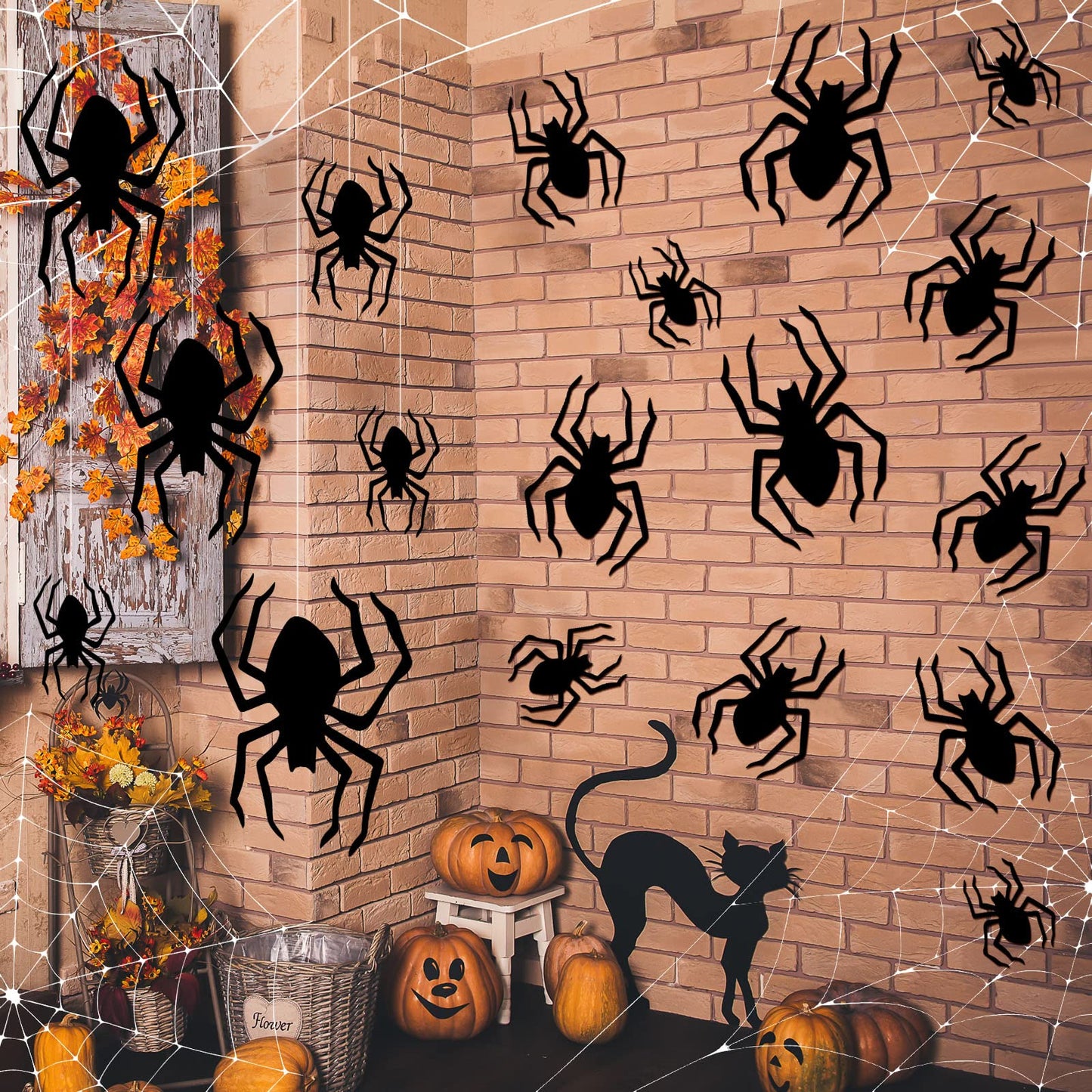 Ferraycle 18 Pcs Halloween Spider Decorations Scary Spider Ornaments Halloween Creepy Hanging Decor Outside Large Decoration for Wall Yard Garden House Decor