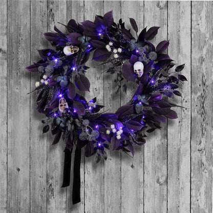 National Tree Company, 26inch Artificial Floral Mini Skull Wreath, 30 Purple LED Lights,