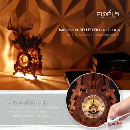 FUNPOLA LED 3D Wood Puzzle Deer Clock, 3D Wooden Puzzle Elk Clock Building Model, Home Décor 3D Wooden Puzzle for Adults/Teens Christmas Gift(Wood, Yellow Light)