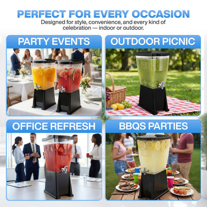 Large Drink Dispensers for Parties (3 Gallon) Slim Plastic Beverage Dispenser with Base for Counter Tops, No Mess, Easy to Assemble & Wash (2 Pack)