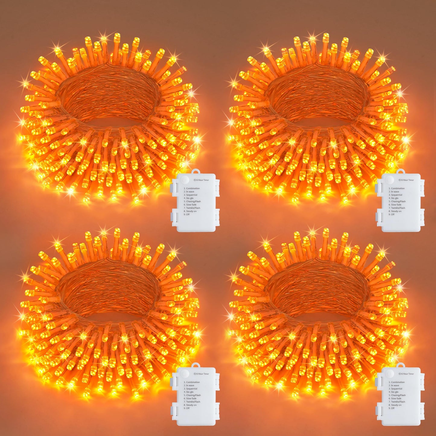 JMEXSUSS 4 Pack 50 LED Battery Operated String Lights Orange, Each 16.5ft Halloween String Lights with Timer, 8 Modes Orange Halloween Light Indoor Outdoor for Garland Party Fall Decoration