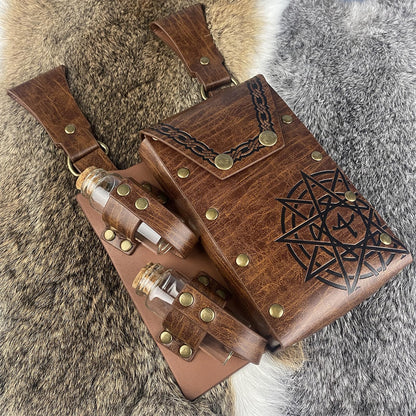 HiiFeuer Medieval Alchemy Faux Leather Belt Bag with 2 Cork Potion Vials, Fantasy Wizard Waist Pouch Side Pack for Ren Faire (Light Brown B)