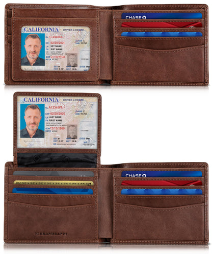 SERMAN BRANDS 2 ID Window Wallet for Men RFID Blocking Leather, Bifold Top Flip, Extra Capacity Travel Wallet (Morning Roast Executive)