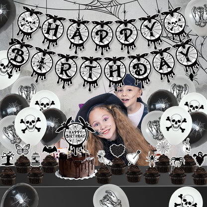 Gothic Black and Silver Horror Theme Birthday Party Supplies Funeral Decorations with Balloons Die Cut Skulls Hearts Ghosts Bats Spiders and Screaming Faces Halloween Party Supplies