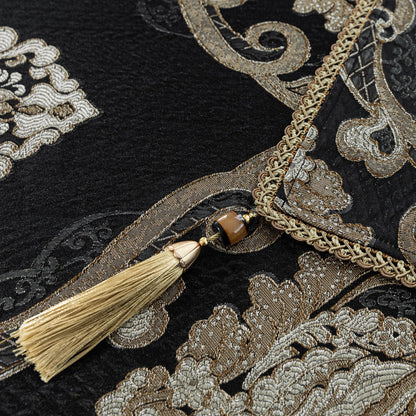 Loom and Mill Black Tablecloth 60 x 120 Inches, Classic Jacquard Rectangle Table Cover with Handmade Tassels for Halloween Dining Room Banquet Decorations (Black, 60"x120")