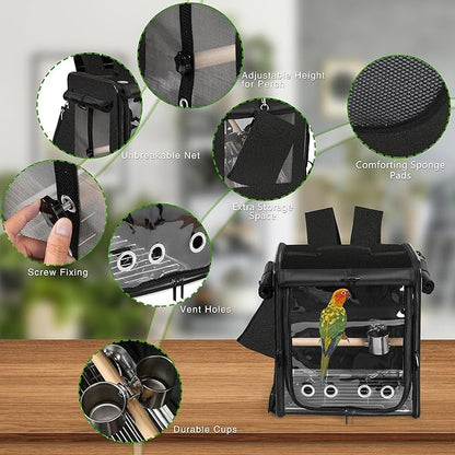 Bird Carrier with Seat Belt for Car Travel, Bird Backpack Carrier with Indestructible Stainless Steel Mesh, Large Bird Carrier Travel Cage, Black