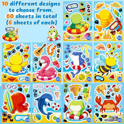 60Sheets Summer Animal Stickers Crafts Bulk, Hawaiian Beach Tropical Make-A-Flamingo/Bee/Fish Face Sticker Holiday Gifts Luau Pool Activity Games Goodie Bag Stuffer Party Favors(Small Size)