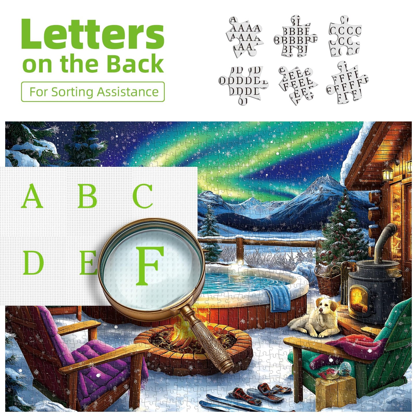 MINIWAN 500 Piece Jigsaw Puzzle for Adults Seniors - Winter Northern Lights Cozy Cabin Puzzle, 23"x15", Letter Coded Back with Reference Poster, Relaxing Family Game