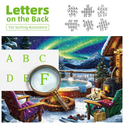 MINIWAN 500 Piece Jigsaw Puzzle for Adults Seniors - Winter Northern Lights Cozy Cabin Puzzle, 23"x15", Letter Coded Back with Reference Poster, Relaxing Family Game