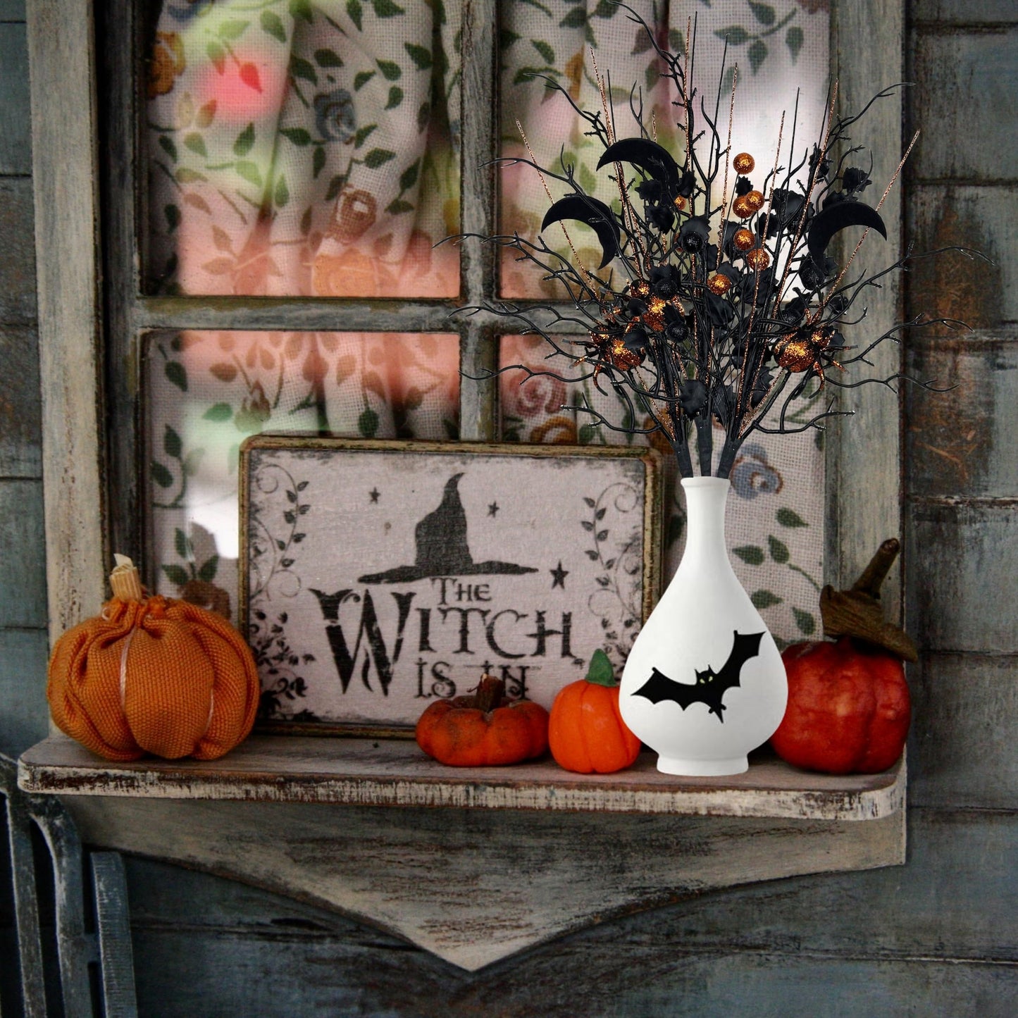 4PCS Halloween Tree Picks Decorative, Black Branches with Glittery Spider,4-Piece Set, Black Branches and Purple Spooky Branch Sprays, Indoor Halloween Decor for Table Centerpieces, Vase Bouquet