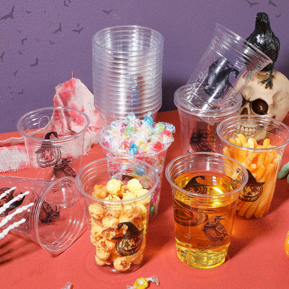Teenyyou 100 pcs 16 oz Halloween Plastic Cups Disposable Halloween Clear Skull Pumpkin Spider Party Cups for Cold Drinks Candies Fruits and Party Supplies Decorations (Skull)