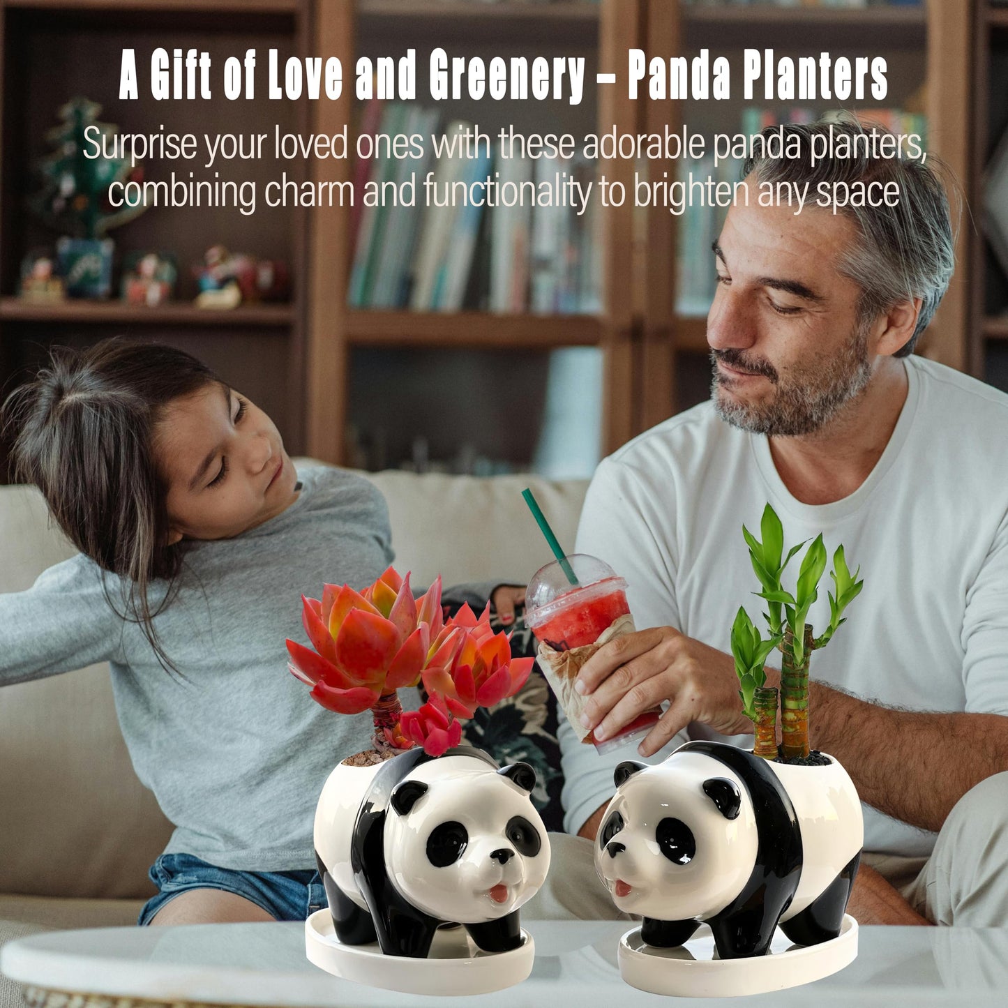 KEEPPACE 2PC Panda Bamboo Planter Pots-5.7‘‘ Ceramic Animal Planters | Succulent Pots & Drainage Tray-Lucky Bamboo Plant Pots Flower Pots Indoor-Air Plants-Cactus Planters-Garden Home Decor