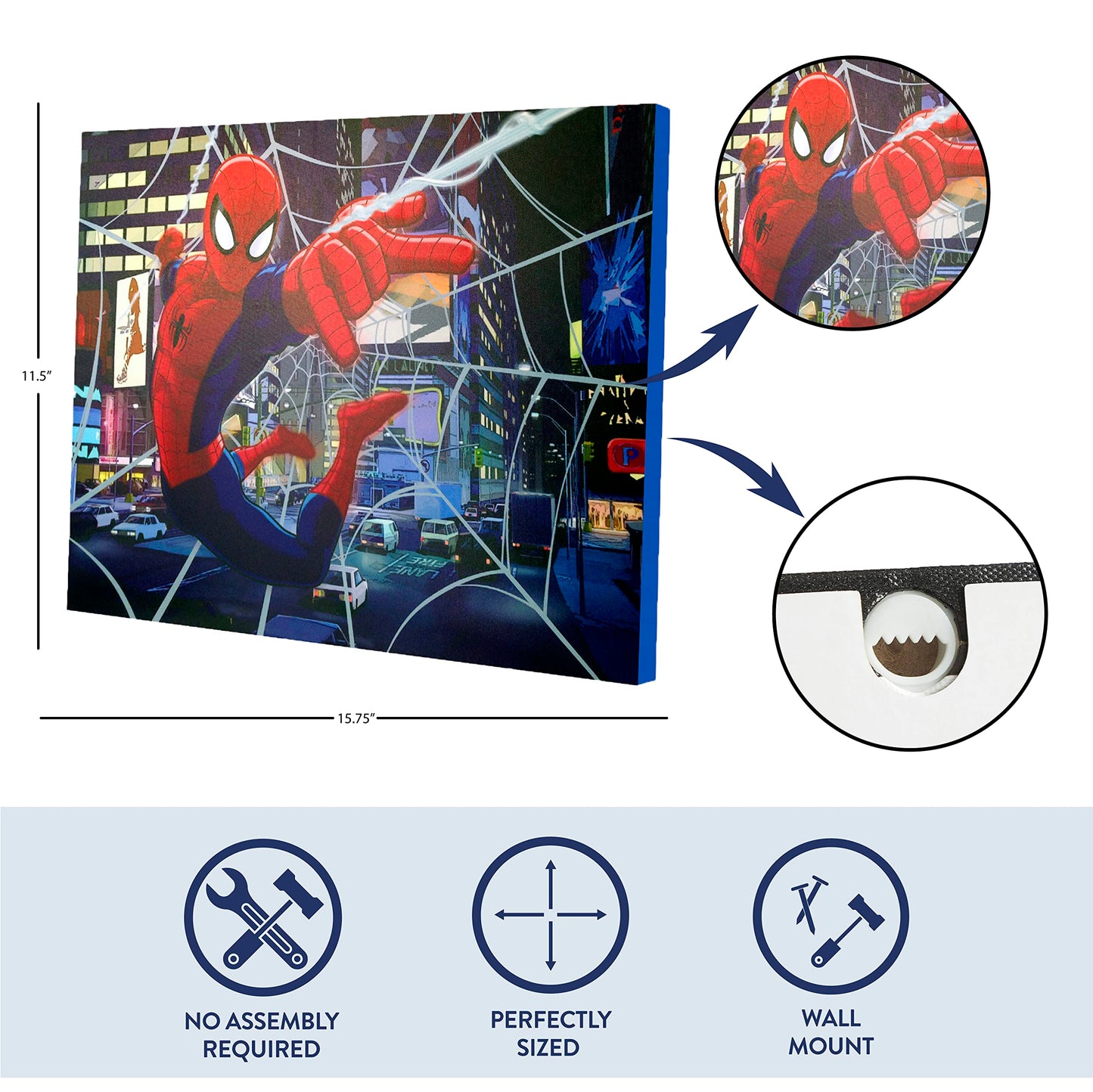 Idea Nuova Spider-Man LED Canvas Wall Art, Children's Home Décor, Bedroom, Spiderman / Blue, 11.50" x 15.75"
