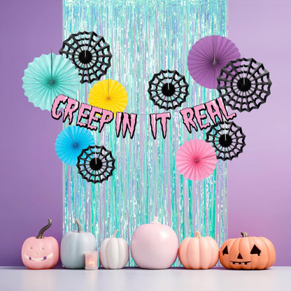 Cheerland Cyan Summerween Spider Web Backdrop Banner Party Decorations Pastel Foil Halloweeween Neon Curtain Streamers Cobweb Paper Fans Photobooth Background for Birthday Witch Cosplay Party Supplies