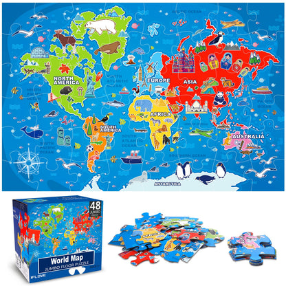 Jumbo Floor Puzzle for Kids,World Map Jigsaw Geography Puzzles,48 Piece Globe Atlas Puzzle with Continents,United States Puzzle for Ages 3-5,Preschool Learning Toys Easter Gift for 4-8 Years Old