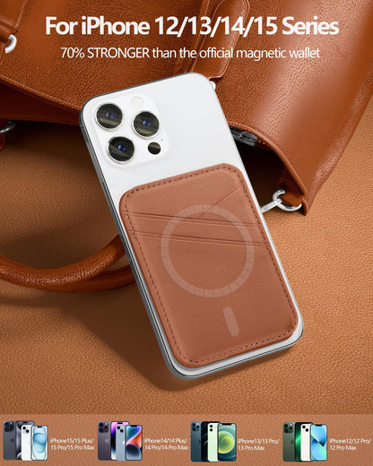 Miroddi Genuine Leather Magnetic Wallet Card Holder for iPhone 17/16/15/14/13/12 Series, 0.12” Ultra-Thin Magnetic Phone Wallet, 3 Card Slots, Fits 3 Cards, RFID Blocking, Brown