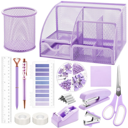 15 Pcs Purple Office Supplies Set Mesh Desk Organizer Accessories Kit Include Stapler Tape Dispenser Staple Remover Clips Ruler Scissors Sticky Notes for Office School Home Women (Purple)