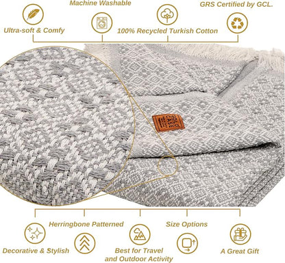 GOLD CASE HOME COLLECTION Retro 100% Recycled Cotton Grey Throw Blanket for Couch - Couch Throw Blankets - Living Room Decorative Boho Throws for Bed - Outdoor Blanket - Couch Throw Blanket - 60x80
