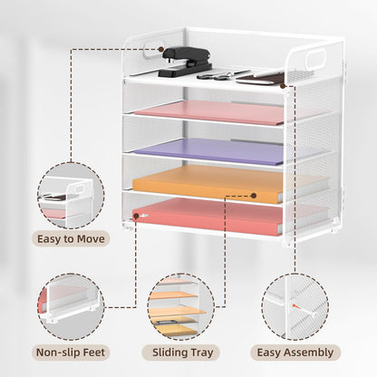 Supeasy 5 Trays Paper Organizer Letter Tray with Handle-Mesh Desk File Holders, Paper Sorter Desk Organizer for Office, Home, Classroom or School, White