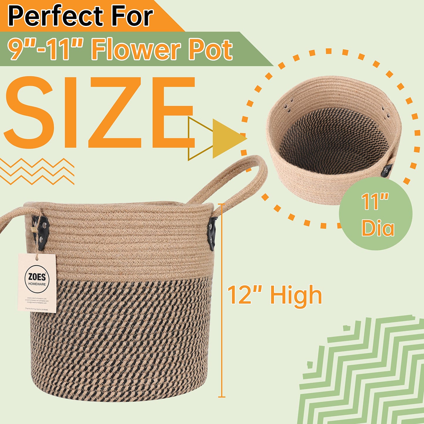 Zoes Homeware Jute Rope Basket - 12"x12" Woven Plant Pot Cover, Boho Indoor/Outdoor Multifunctional Storage