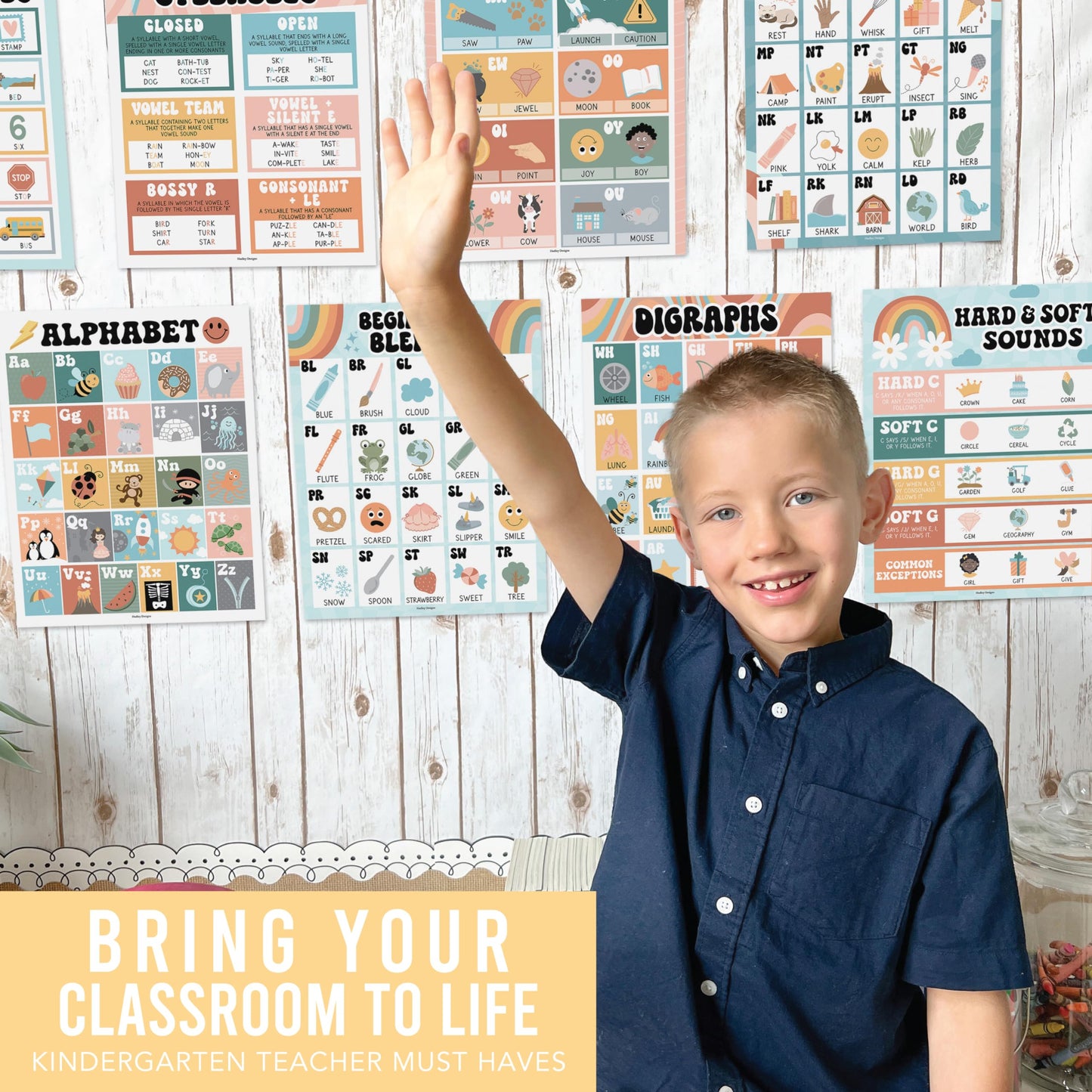 Hadley Designs Phonics Posters for Classroom Must Haves - 9 Sound Wall for Kindergarten & Elementary Teacher Supplies, Syllable, Vowels, Digraphs & Blends Bulletin Board Set, Retro Classrom Decor