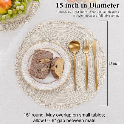 SHACOS Round Placemats Set of 6 Boho Braided Bordered Place Mats 15 inch for Dining Tables Wedding Holiday Party (Ivory Bordered, 6)