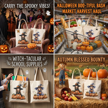 Fall Halloween Tote Bags 2Pcs, Cotton Blend Canvas Tote with Pumpkin Ghost Witch Prints, Reusable Shoulder Bags for Thanksgiving Party Trick or Treat Gift (witch&pumpkin)