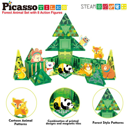 PicassoTiles Magnet Tile Building Blocks Forest Animal Theme Toy Set with 8 Character Action Figures Educational STEM Learning Construction Kit Pretend Play Magnetic Tiles Preschool Kids Ages 3+ PTQ16