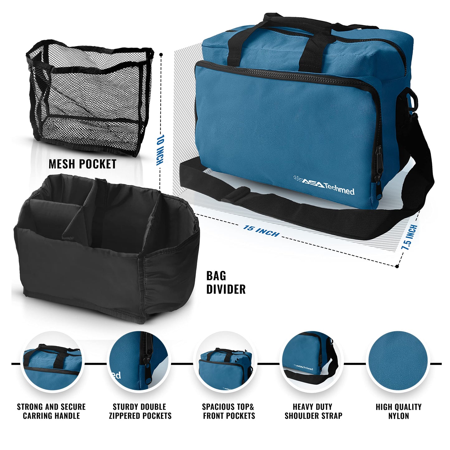 ASA TECHMED Physical Therapy Home Health Aide Comprehensive Kit - Carrying Bag, Blood Pressure Cuff, Stethoscope, Gait Belt - Blue