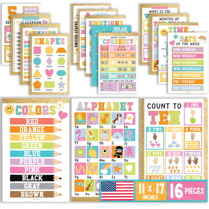 Hadley Designs 16 Educational Posters for Classroom Must Haves - Laminated Pre-K Posters for Toddler Homeschool Essentials, Toddler & Preschool Learning Activities, Kindergarten Classroom Decor