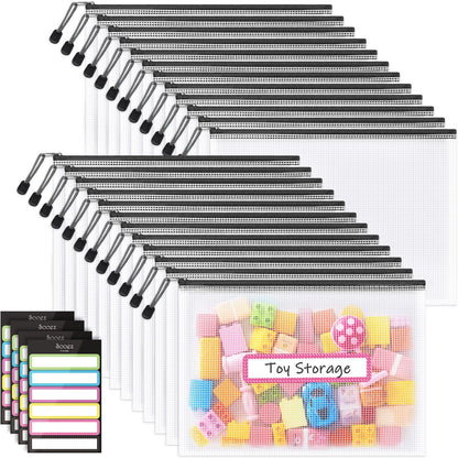 Sooez 24 Pack Mesh Zipper Pouch with Sticky Labels, A4 Mesh Bags, Sturdy Letter Size File Folders Organizer, Office School Classroom Supplies, Toy Storage Bag Board Game Puzzles Organization, Black