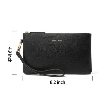 DORIS&JACKY Small Leather Wristlet Clutch Purse for Women Slim Designer Wallet and Cellphone Pouch Bag With Detachable Strap (Black)