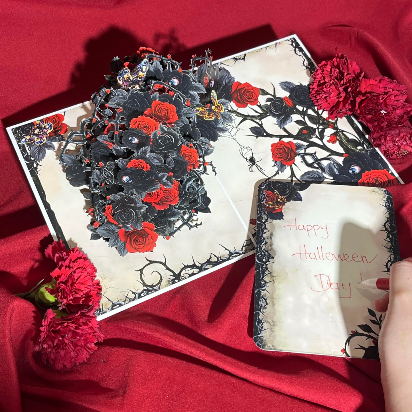 4BO Craft Gothic Black Rose 3D Greeting Card, Halloween Pop Up Card, Happy Halloween Birthday Card, Spooky Anniversary Cards for Wife Women, Goth Valentines Card