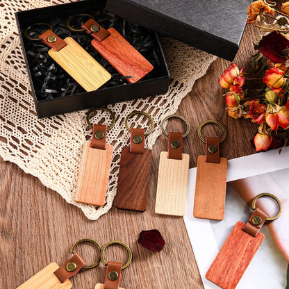 Batiyeer 30 Pcs Wooden Keychain Blanks 5 Colors Rectangle Wood Key Chain with Leather Strap Unfinished Gifts for Father