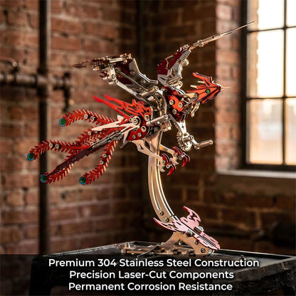 Gold-Plated Metal Phoenix Model Kit - 3D Stainless Steel Mythical Bird Puzzle for Adults - Mechanical Firebird Figurine - Steampunk Kinetic Art Sculpture - Home Decor Gift(Phoenix-Red)