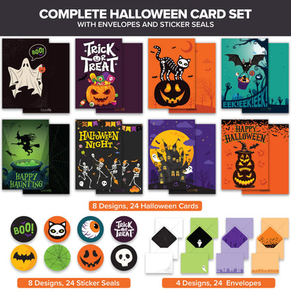 Decorably 24 Pack 4x6in Happy Halloween Cards with Envelopes and Stickers, 8 Spooktacular Designs for Kids & Adults - Blank Inside, Trick-or-Treat Bags, Gifting, Mailing