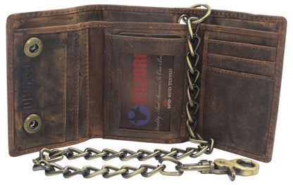 Men's RFID Blocking Trifold Vintage Leather Biker Chain Wallet With Snap Closure (Brown)